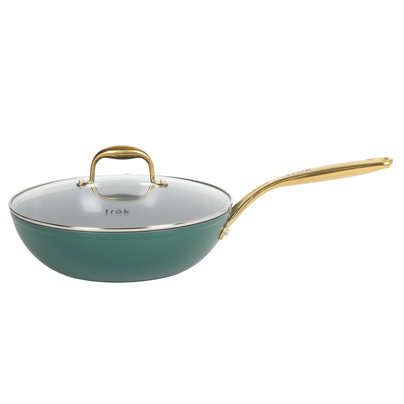 Frok 11" Aluminum Frok (Fry Pan / Wok Hybrid) w/ Glass Lid - Ceramic Nonstick Int - Matte Exterior - Stainless Steel Handle - Colored Remailer