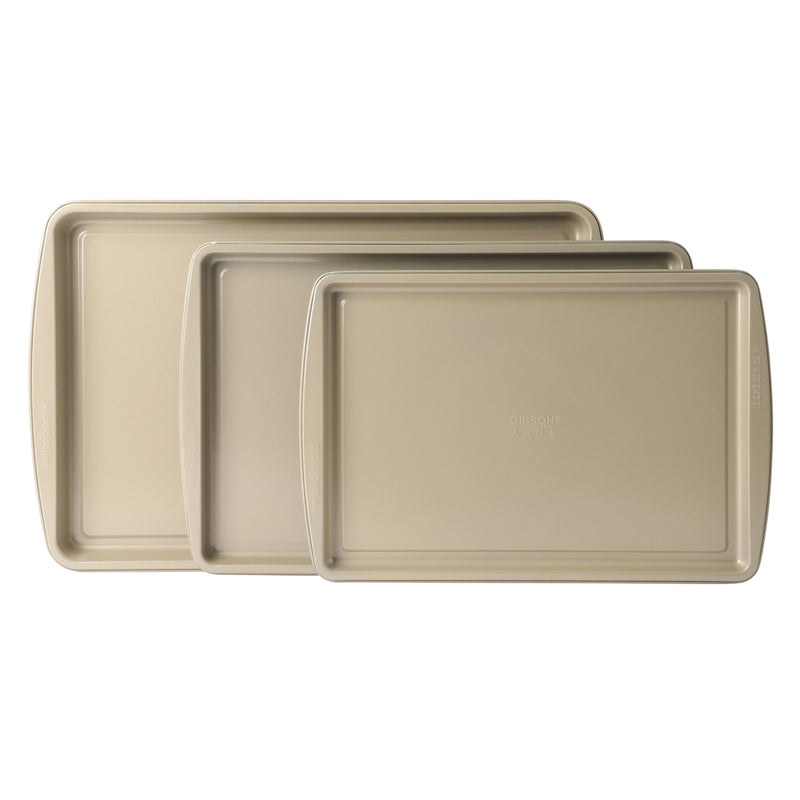 Gibson Home Lyneham 3pc Carbon Steel Cookie Sheet Set - Champagne - Non-Stick - Clam Pack