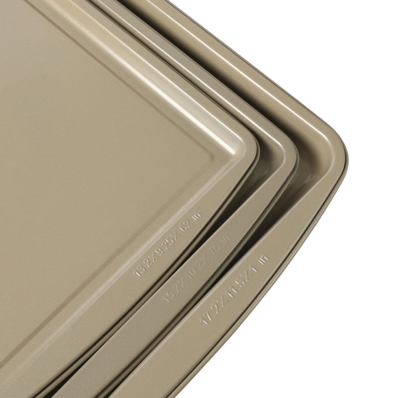 Gibson Home Lyneham 3pc Carbon Steel Cookie Sheet Set - Champagne - Non-Stick - Clam Pack