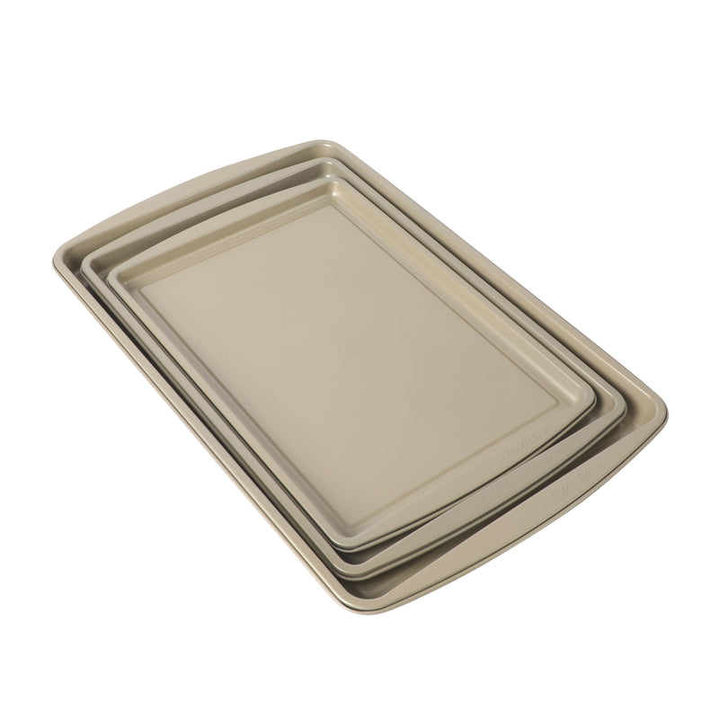 Gibson Home Lyneham 3pc Carbon Steel Cookie Sheet Set - Champagne - Non-Stick - Clam Pack