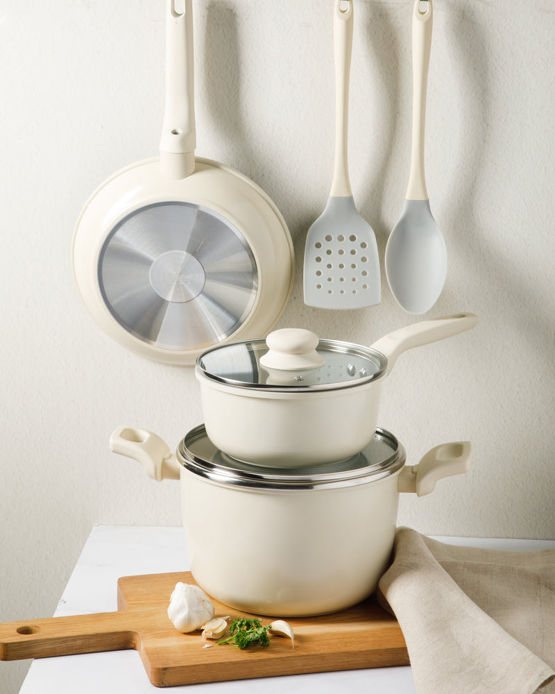 Gibson Home Barnsdall 7 pc Aluminum Cookware Set w/ Kitchen Tools - Ceramic Non-Stick Interior - Soft Touch Bakelite Handle - Gift Box