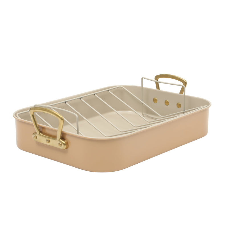 Gibson Home Broxton 2 pc Carbon Steel 16" x 12" Turkey Roaster w/ Taupe Cooling Rack - Non-Stick - Cast Aluminum Gold Handle - Color Sleeve