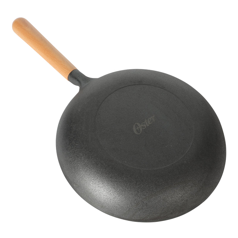 Oster Platinum Flintfield 9.5" Pre-seasoned Cast Iron Skillet - Circular Rough Polished Interior - No Rivets Wood Handle - Color Sleeve w/ Remailer