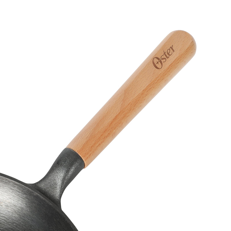 Oster Platinum Flintfield 9.5" Pre-seasoned Cast Iron Skillet - Circular Rough Polished Interior - No Rivets Wood Handle - Color Sleeve w/ Remailer