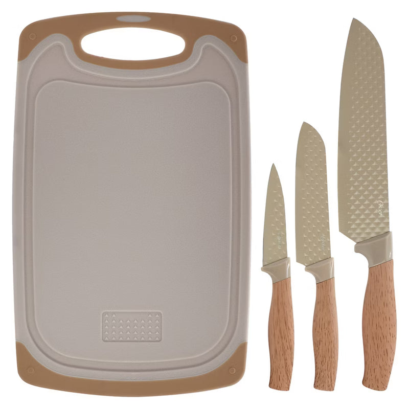 Oster Gunderson 4 pc Stainless Steel Cutlery Set w/ Cutting Board - Taupe - Textured Blade - PP Wood Look Soft Touch Handle  - Clam Pack