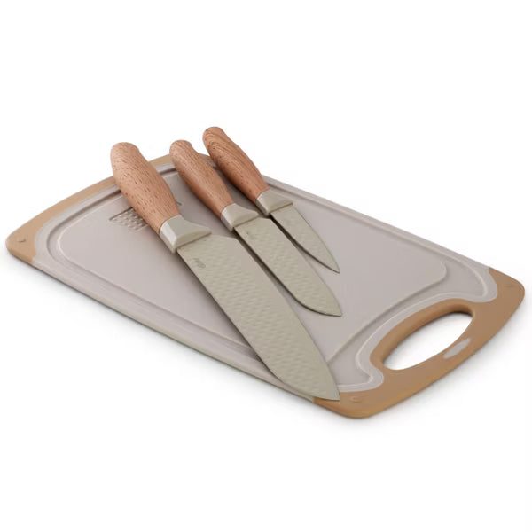 Oster Gunderson 4 pc Stainless Steel Cutlery Set w/ Cutting Board - Taupe - Textured Blade - PP Wood Look Soft Touch Handle  - Clam Pack