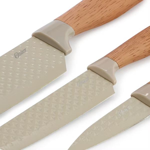 Oster Gunderson 4 pc Stainless Steel Cutlery Set w/ Cutting Board - Taupe - Textured Blade - PP Wood Look Soft Touch Handle  - Clam Pack