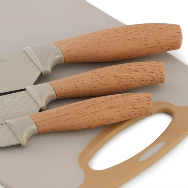 Oster Gunderson 4 pc Stainless Steel Cutlery Set w/ Cutting Board - Taupe - Textured Blade - PP Wood Look Soft Touch Handle  - Clam Pack
