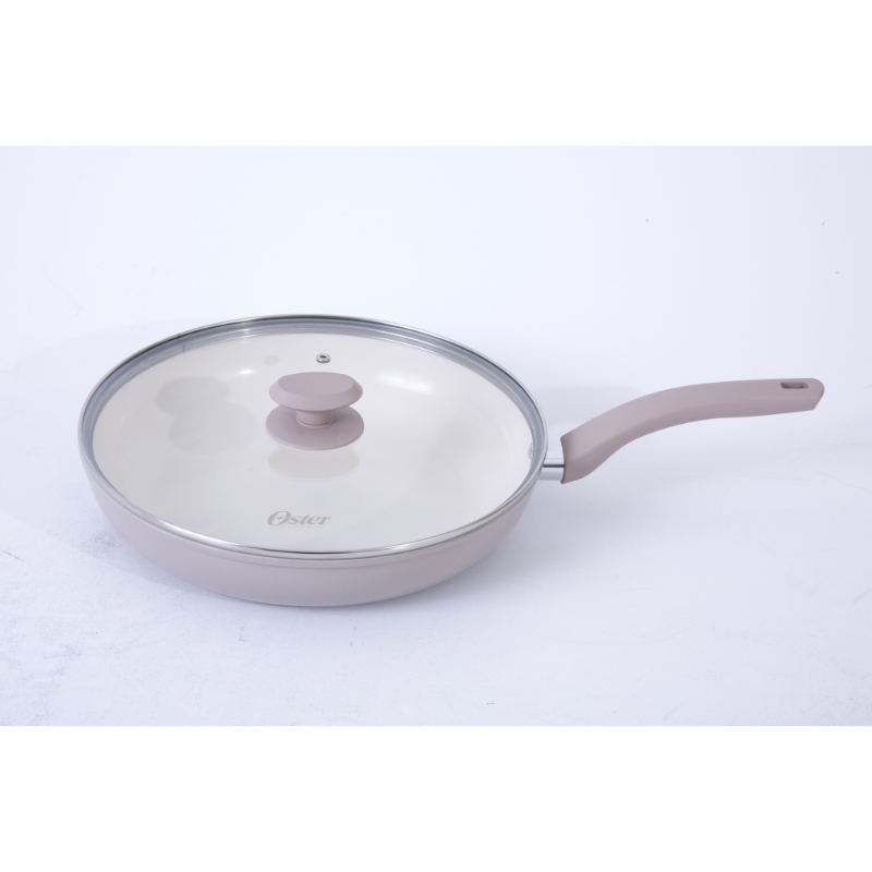Oster Sutterville Choice 5 qt Aluminum Sauté Pan w/ Flat Glass Lid - Taupe - Ceramic Non-Stick Interior - Bakelite Handle - Color Label