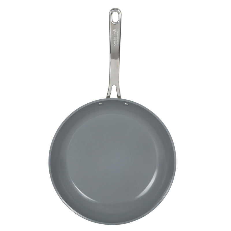Sur La Table Kitchen Essentials Gourmet Cuisine 12" Forged Aluminum Frying Pan - Grey Ceramic Titanium Interior - Induction Base - Stainless Steel Hollow Handle - Color Sleeve