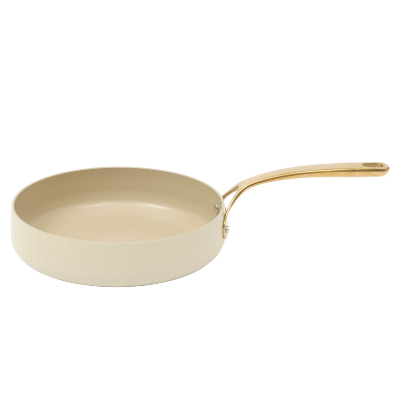 Bloomhouse 8pc Aluminum Cookware Set - Linen - Taupe Ceramic Interior - Nonstick - Gold PVD Stainless Steel Rim Glass Lid - Induction - Cast Stainless Steel Gold PVD Handle - Gift Box w/ Remailer
