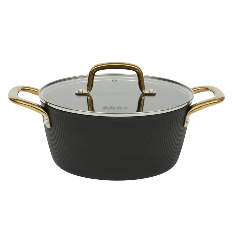 Oster Abbottsford 4.4qt Aluminum Dutch Oven w/ Flat Glass Lid - Matte Black Stripe - Nonstick - CD Bottom - SS Gold Handle - O/S - Color Sleeve