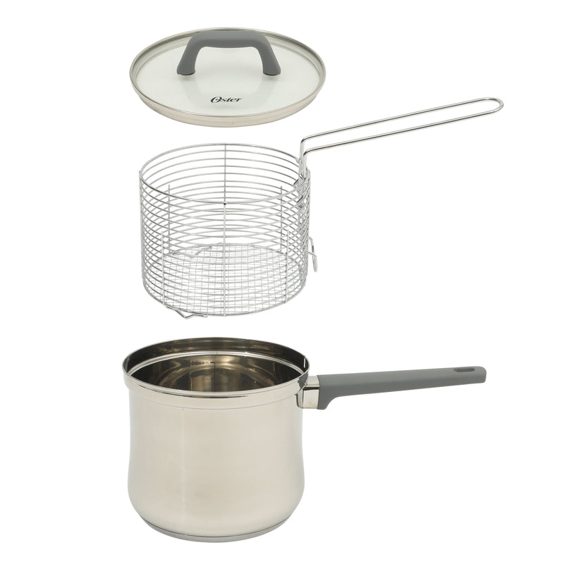 Oster Beauford 3 pc 3.65 qt Stainless Steel Deep Fryer W/ Basket & Lid Set - Encapsulated Base - Gift Box
