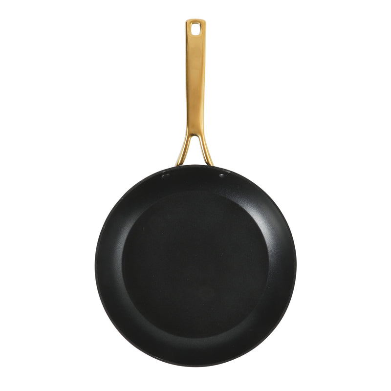 Oster Abbottsford 11" Aluminum Frying Pan - Matte Black Stripe - Nonstick - CD Bottom - Stainless Steel Gold Handle - Color Sleeve