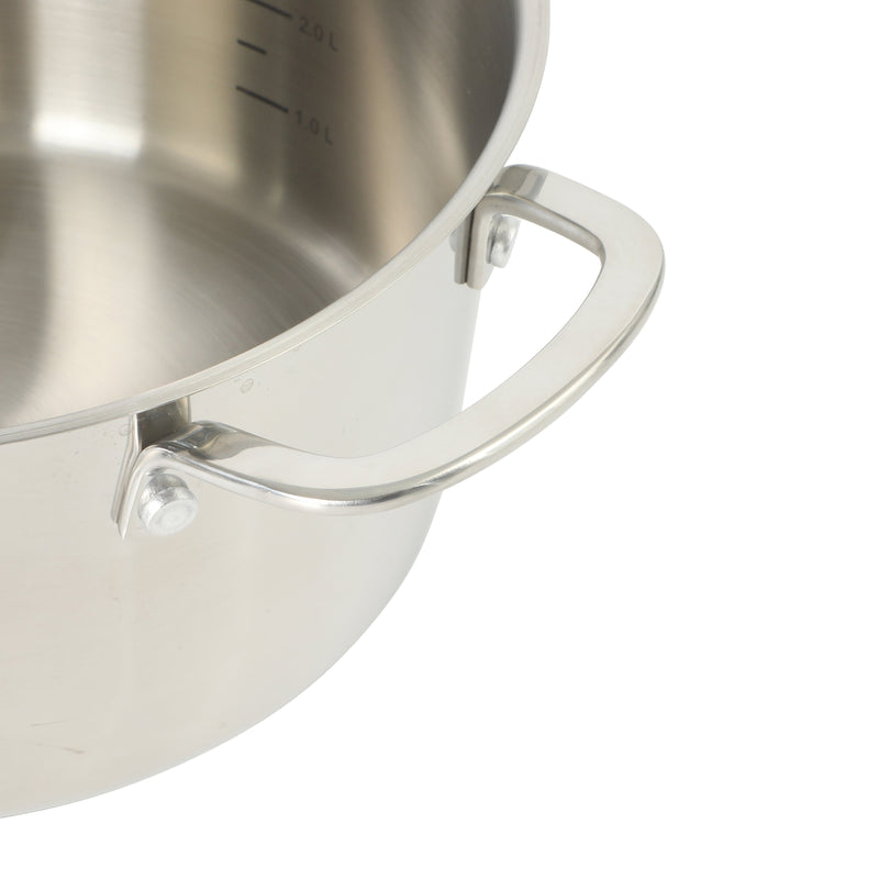 Sur La Table Kitchen Essential Chef's Deck 5.3 qt Stainless Steel Dutch Oven w/ Steamer & Glass Lid - Polish Exterior - Impact Bonded Base - Induction - Stainless Steel Hollow Handle - Color Sleeve w/ Remailer