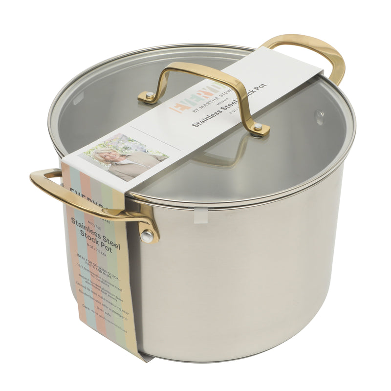 Martha Stewart Everyday Midvale 8qt Stainless Steel Stock Pot w/ Glass Lid - Gold PVD Cast Handle - Bonded Base - Color Sleeve w/ Factory Remailer
