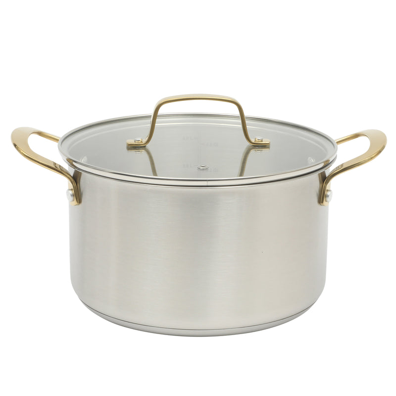 Martha Stewart Everyday Midvale 5 qt Stainless Steel Dutch Oven w/ Glass Lid - Gold PVD Cast Handle - Bonded Base - Color Sleeve w/ Factory Remailer