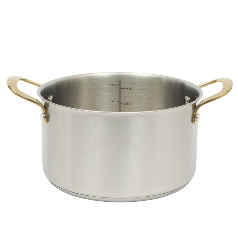 Martha Stewart Everyday Midvale 5 qt Stainless Steel Dutch Oven w/ Glass Lid - Gold PVD Cast Handle - Bonded Base - Color Sleeve w/ Factory Remailer