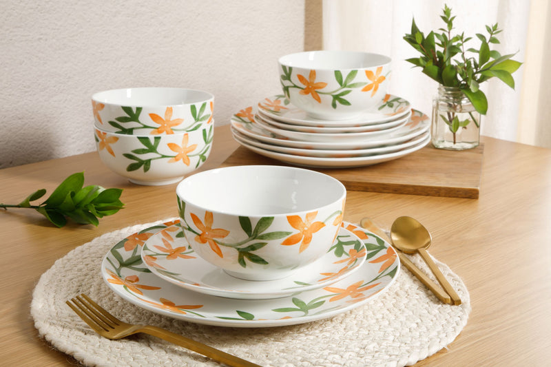 Gibson Home Surrey Hill 12pc Dinnerware Set - Yellow / Green - Decorated - Fine Ceramic - Gift Box