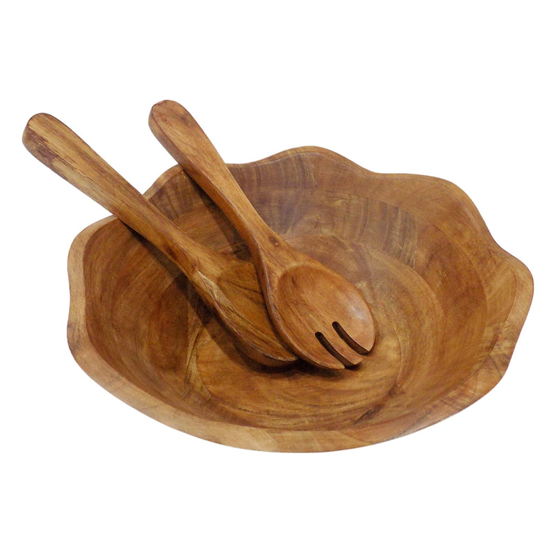 Gibson Home Sandhurst 12" Scalloped Acacia Wood Salad Bowl w/ 2 pc Servers - Gift Box