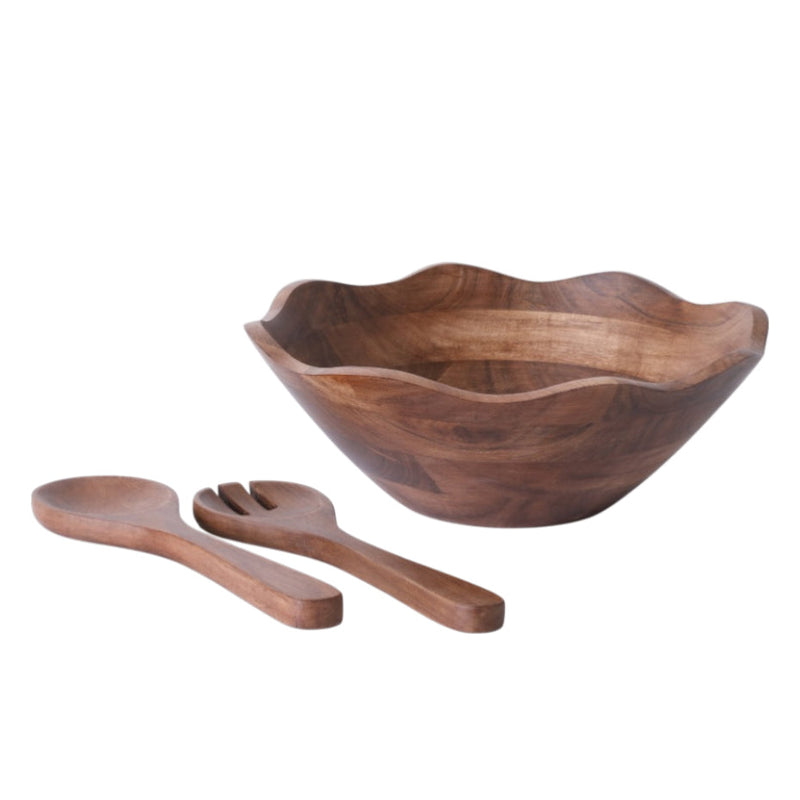 Gibson Home Sandhurst 12" Scalloped Acacia Wood Salad Bowl w/ 2 pc Servers - Gift Box