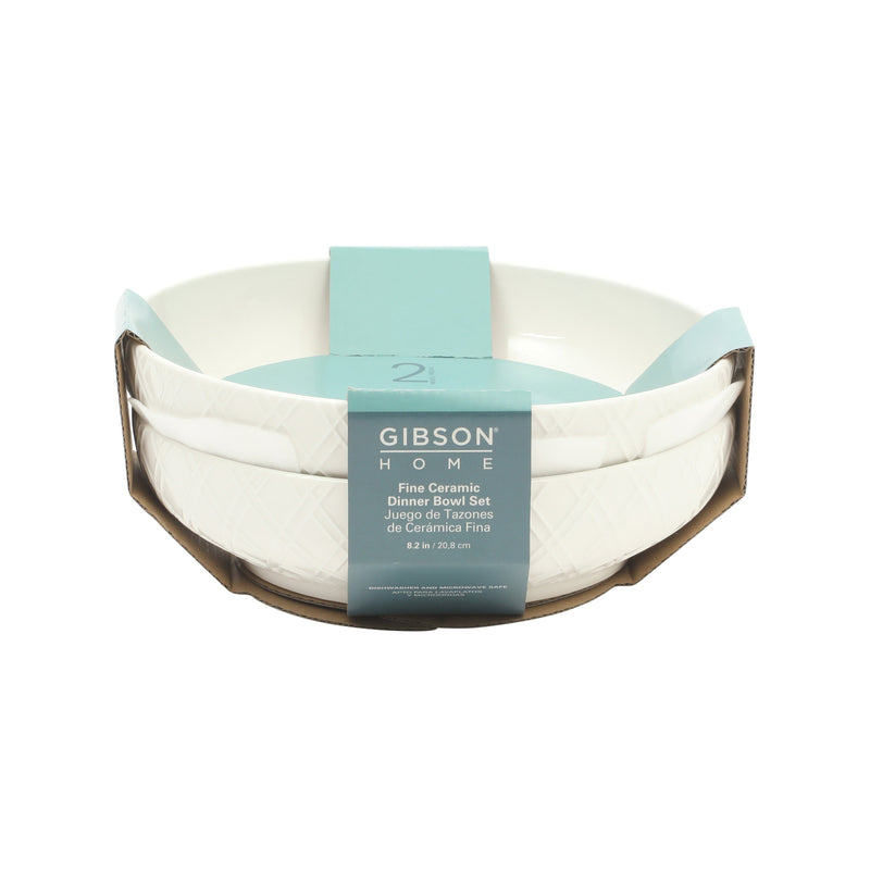 Gibson Home Great Essentials 2pc 8.25" Dinner Bowl Set - Embossed - White - Fine Ceramic - Color Sleeve