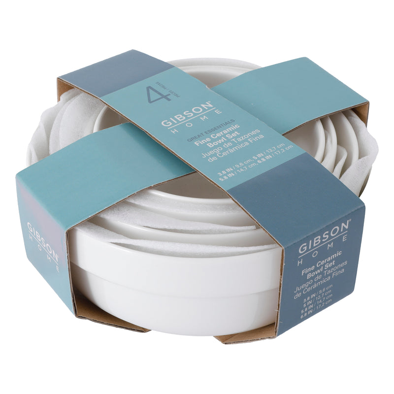 Gibson Home Great Essentials 4pc Bowl Set- White - Fine Ceramic - Color Sleeve