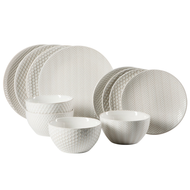 Gibson Elite Earlhart 12pc Dinnerware Set - 4 Assorted Designs - Cream - Reactive Glaze - Stoneware - Gift Box