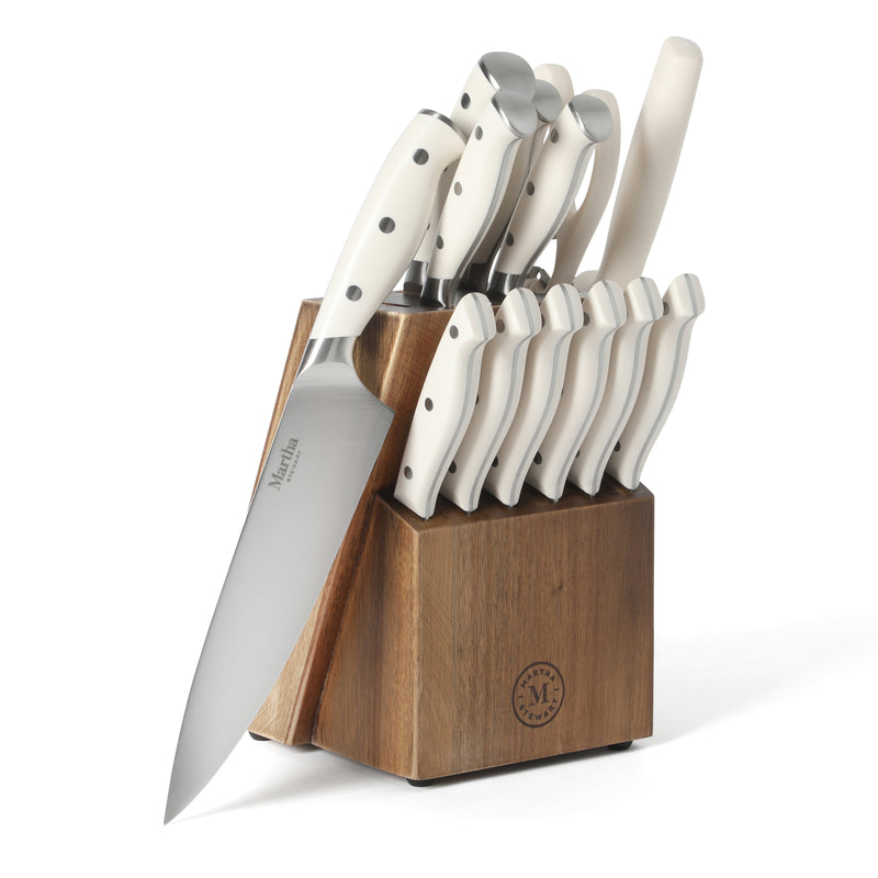 Martha Stewart Greeley 14pc Stainless Steel Cutlery Set w/ Acacia Wood Block - Forged Handle - GBX