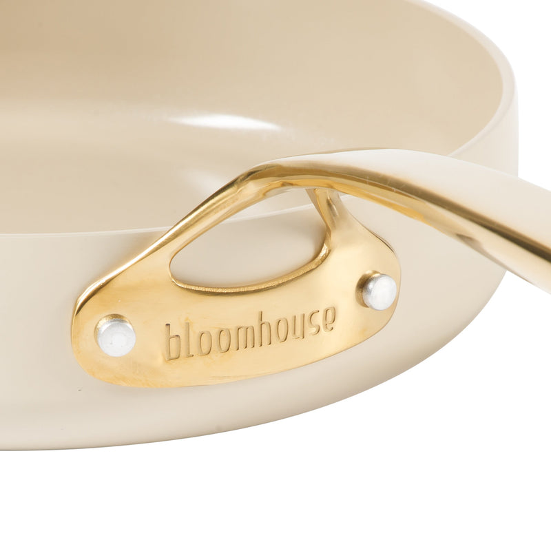Bloomhouse 10" Aluminum Frying Pan w/ lid - Linen - Taupe Ceramic Nonstick Interior - Induction - Cast Stainless Steel Gold PVD Handle - Gift Box w/ Remailer