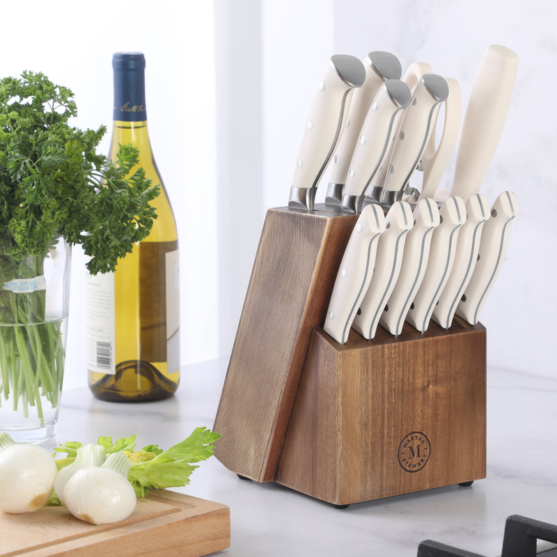 Martha Stewart Greeley 14pc Stainless Steel Cutlery Set w/ Acacia Wood Block - Forged Handle - GBX
