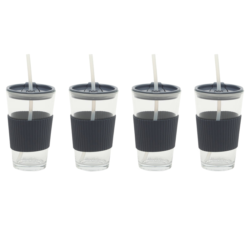 Mr. Coffee Sip Savvy - 4 pc 15oz Glass Tumbler w/ Lid & Straw - Factory Remailer