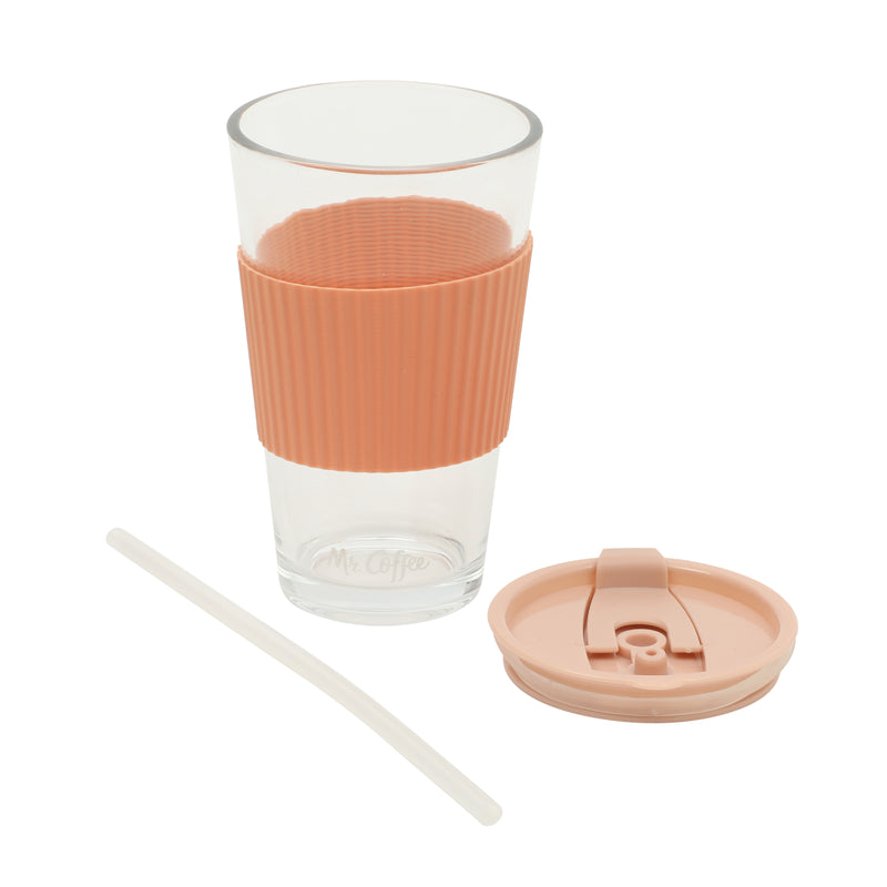 Mr. Coffee Sip Savvy - 4 pc 15oz Glass Tumbler w/ Lid & Straw - Factory Remailer