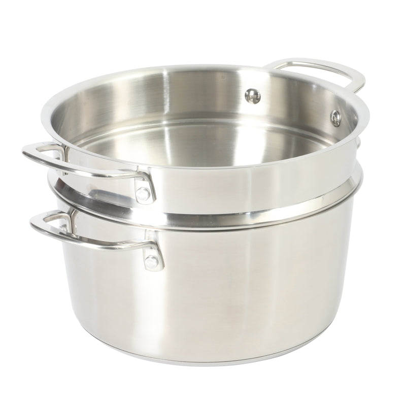 Sur La Table Kitchen Essential Chef's Deck 5.3 qt Stainless Steel Dutch Oven w/ Steamer & Glass Lid - Polish Exterior - Impact Bonded Base - Induction - Stainless Steel Hollow Handle - Color Sleeve w/ Remailer