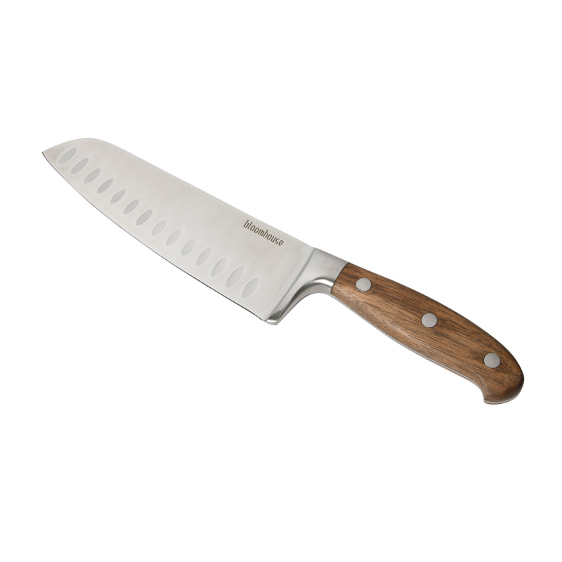 Bloomhouse 7" Stainless Steel Santoku Knife - German Steel Blade - Walnut Wood Handle - Mirror Polish - GBX w/ Remailer