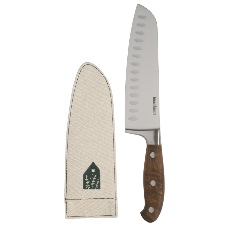 Bloomhouse 7" Stainless Steel Santoku Knife - German Steel Blade - Walnut Wood Handle - Mirror Polish - GBX w/ Remailer