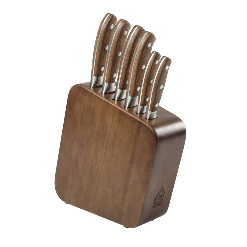 Bloomhouse 7pc Cutlery Set w/ Walnut Wood Block - German Steel Blade - Walnut Wood Handle - Mirror Polish - GBX w/ Remailer