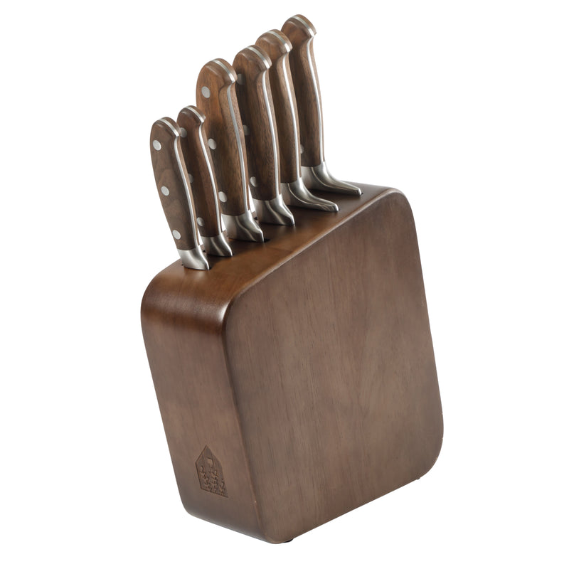 Bloomhouse 7pc Cutlery Set w/ Walnut Wood Block - German Steel Blade - Walnut Wood Handle - Mirror Polish - GBX w/ Remailer