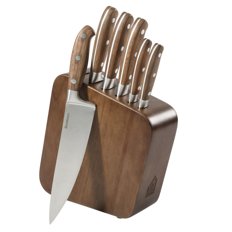 Bloomhouse 7pc Cutlery Set w/ Walnut Wood Block - German Steel Blade - Walnut Wood Handle - Mirror Polish - GBX w/ Remailer