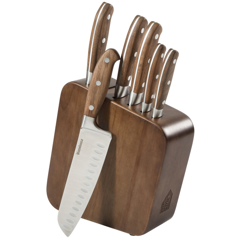 Bloomhouse 7pc Cutlery Set w/ Walnut Wood Block - German Steel Blade - Walnut Wood Handle - Mirror Polish - GBX w/ Remailer