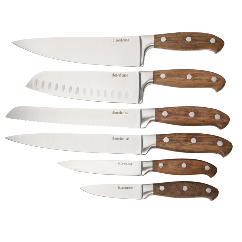 Bloomhouse 7pc Cutlery Set w/ Walnut Wood Block - German Steel Blade - Walnut Wood Handle - Mirror Polish - GBX w/ Remailer