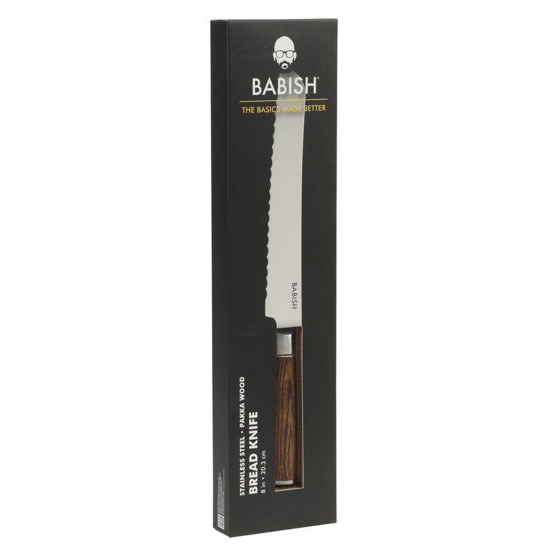 Babish 8" German Steel Bread Knife w/ Paka Wood Handle - Gift Box w/ Remailer