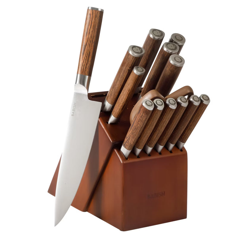 Babish 15pc Stainless Steel Cutlery Set w/ Wood Block - German Steel Blade - GBX w/ Remailer