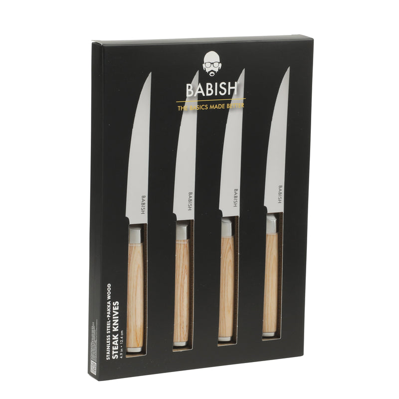 Babish 4 pc 4.9" German Steel Steak Knives w/ Paka Wood Handle - Gift Box w/ Remailer