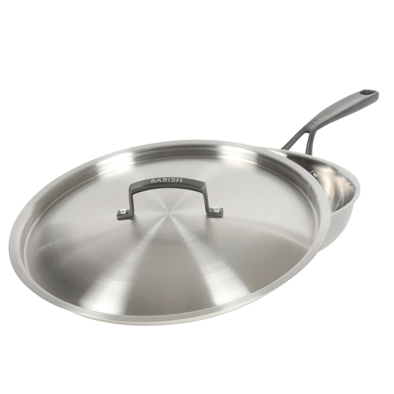 Babish 12" Triply Stainless Steel Frying Pan w/ Stainless Steel Lid & Black PVD Handle - Color Sleeve w/ Remailer