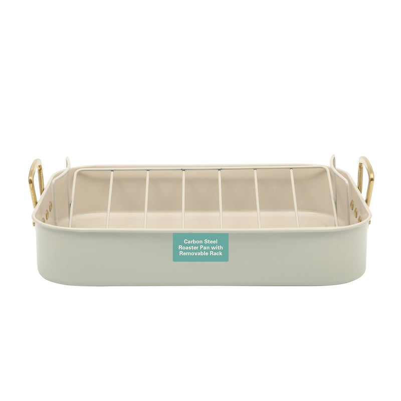 Gibson Home Broxton 2 pc Carbon Steel 16" x 12" Turkey Roaster w/ Taupe Cooling Rack - Non-Stick - Cast Aluminum Gold Handle - Color Sleeve