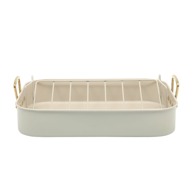 Gibson Home Broxton 2 pc Carbon Steel 16" x 12" Turkey Roaster w/ Taupe Cooling Rack - Non-Stick - Cast Aluminum Gold Handle - Color Sleeve