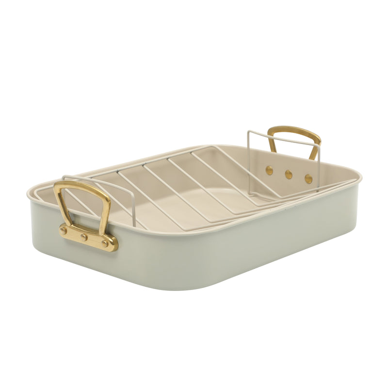 Gibson Home Broxton 2 pc Carbon Steel 16" x 12" Turkey Roaster w/ Taupe Cooling Rack - Non-Stick - Cast Aluminum Gold Handle - Color Sleeve