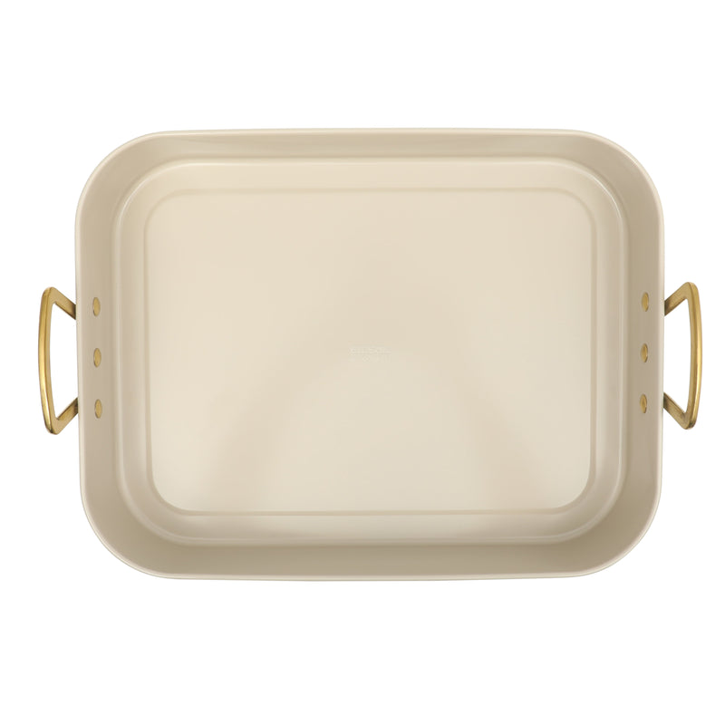 Gibson Home Broxton 2 pc Carbon Steel 16" x 12" Turkey Roaster w/ Taupe Cooling Rack - Non-Stick - Cast Aluminum Gold Handle - Color Sleeve