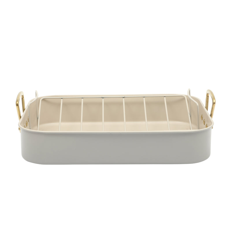 Gibson Home Broxton 2 pc Carbon Steel 16" x 12" Turkey Roaster w/ Taupe Cooling Rack - Non-Stick - Cast Aluminum Gold Handle - Color Sleeve